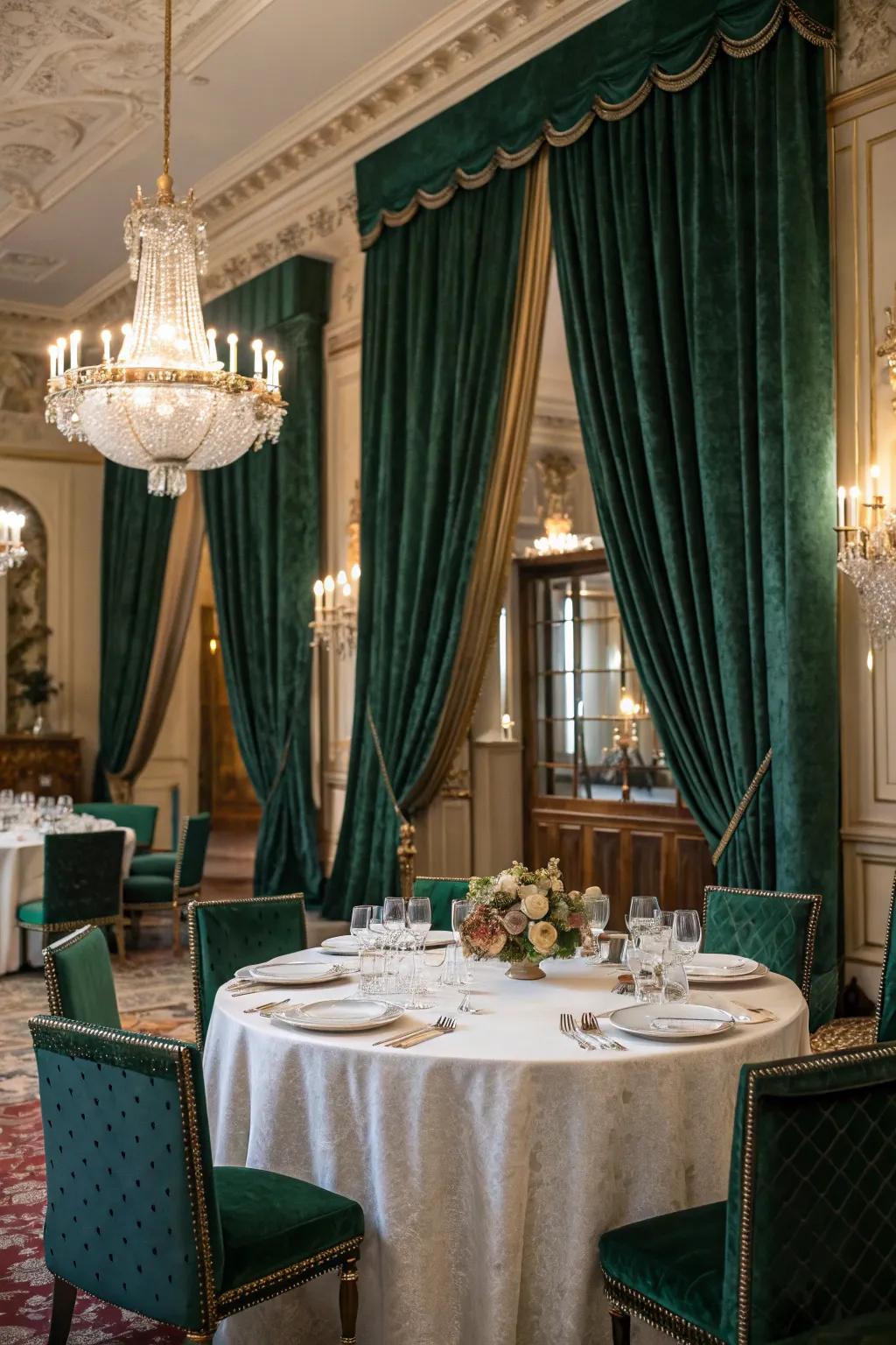 Lush green fabric drapes incorporate opulence to this official dining area.