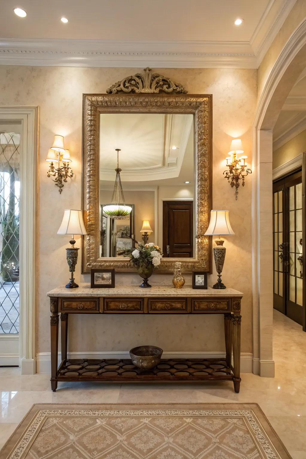 A large mirror can completely change a foyer, making it feel more spacious and chic.