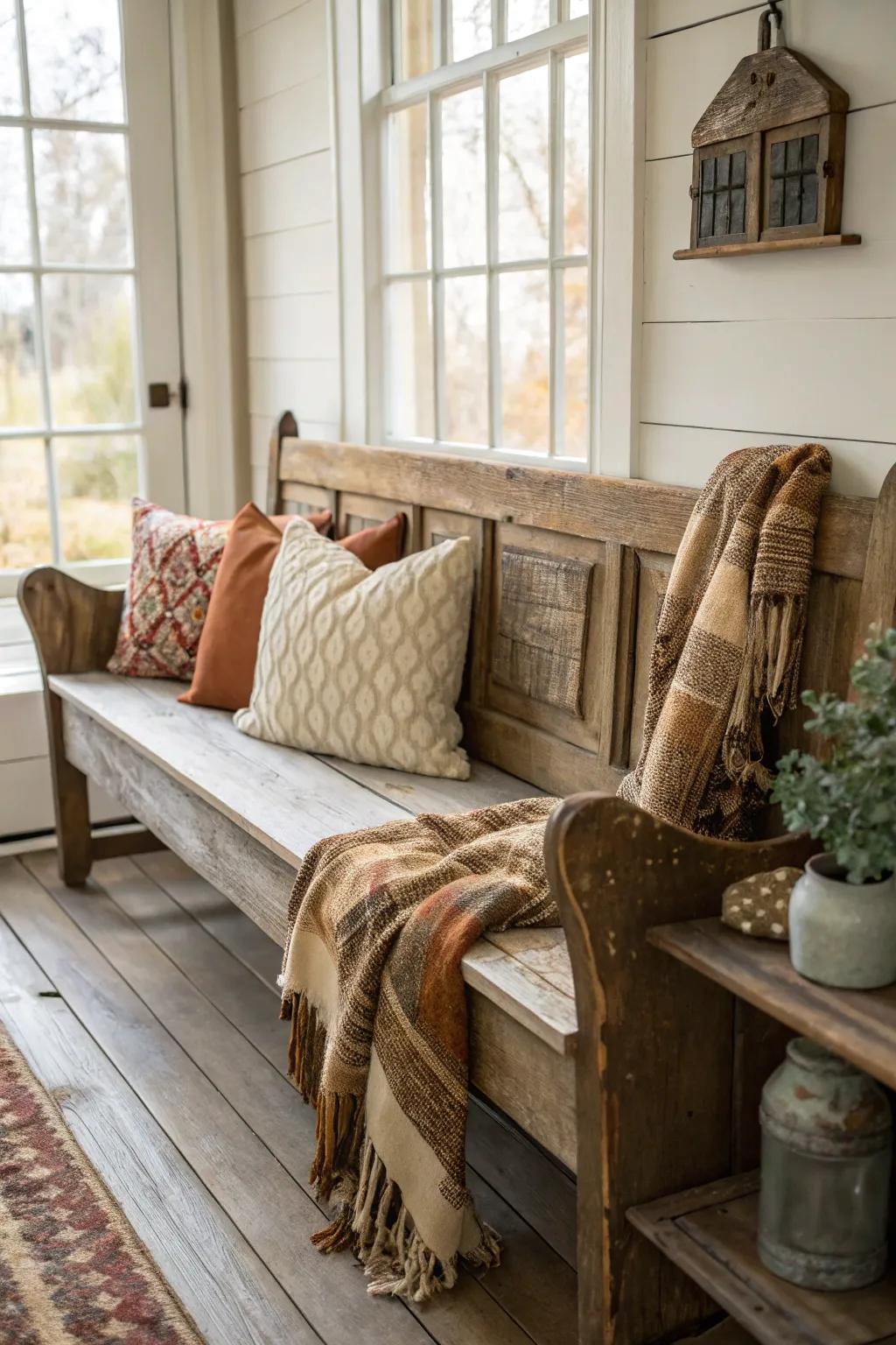 A rustic wooden bench enhances comfort and usability.
