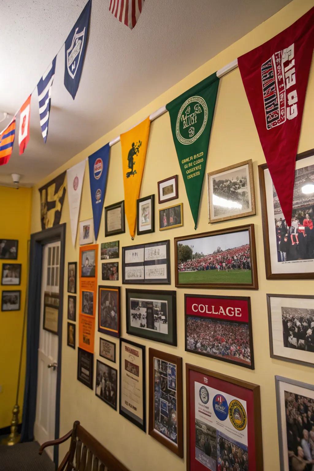 Celebrate your school spirit with a wall adorned with flags and memories.