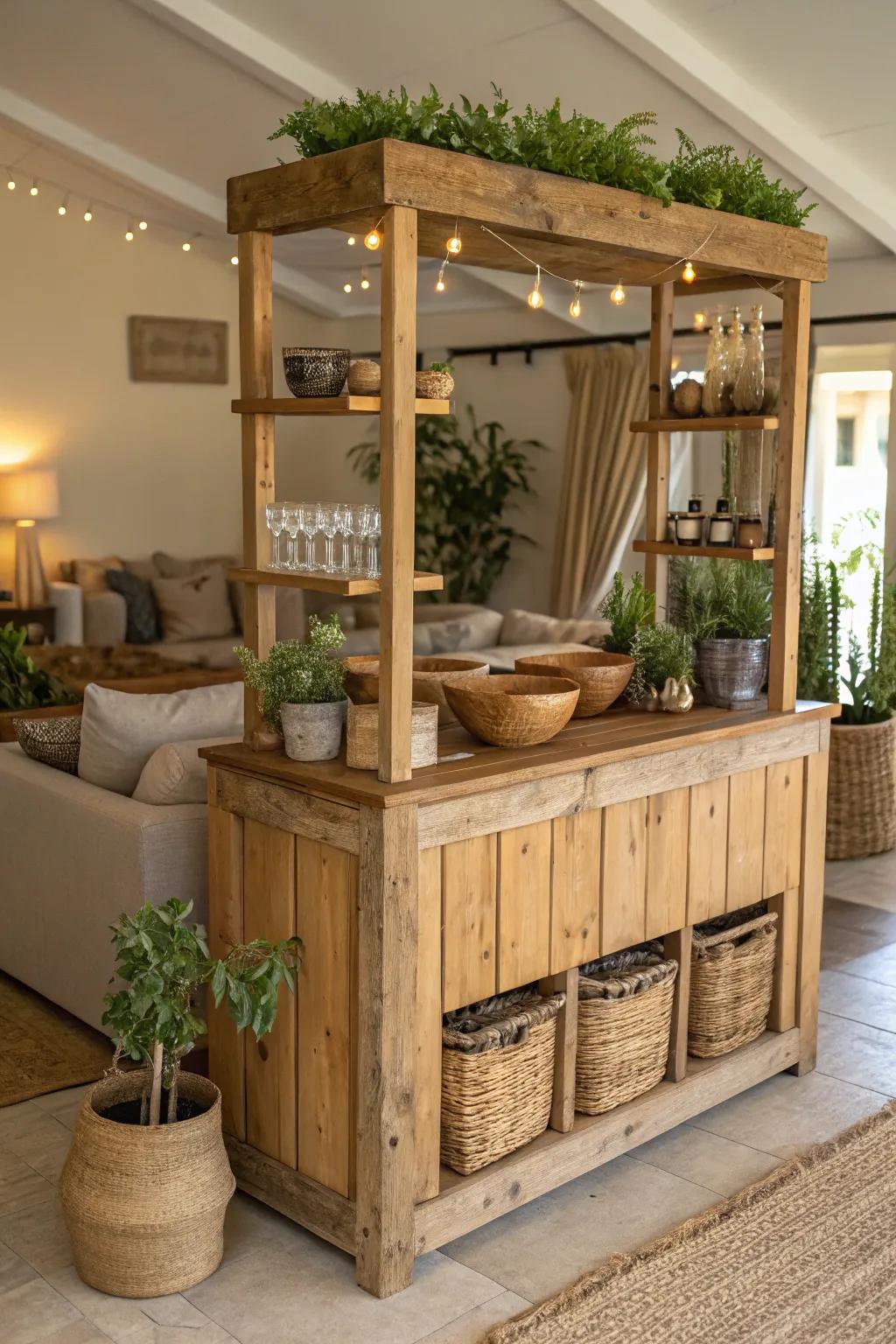 A country-inspired wooden bar, injecting warmth and allure into any setting.