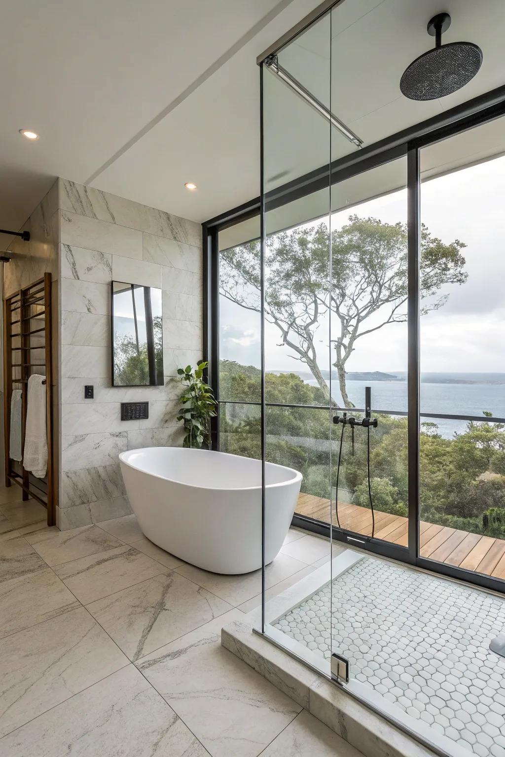 A detached soaking tub nestled inside a stylish glass-enclosed shower area.