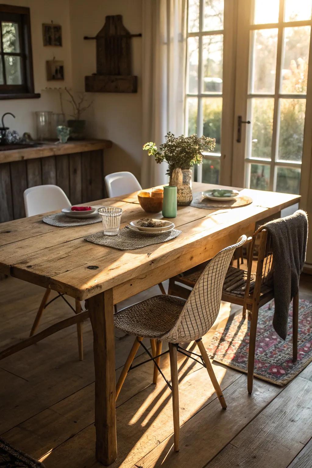 A weathered timber dining table complemented by appealing, varied chairs.