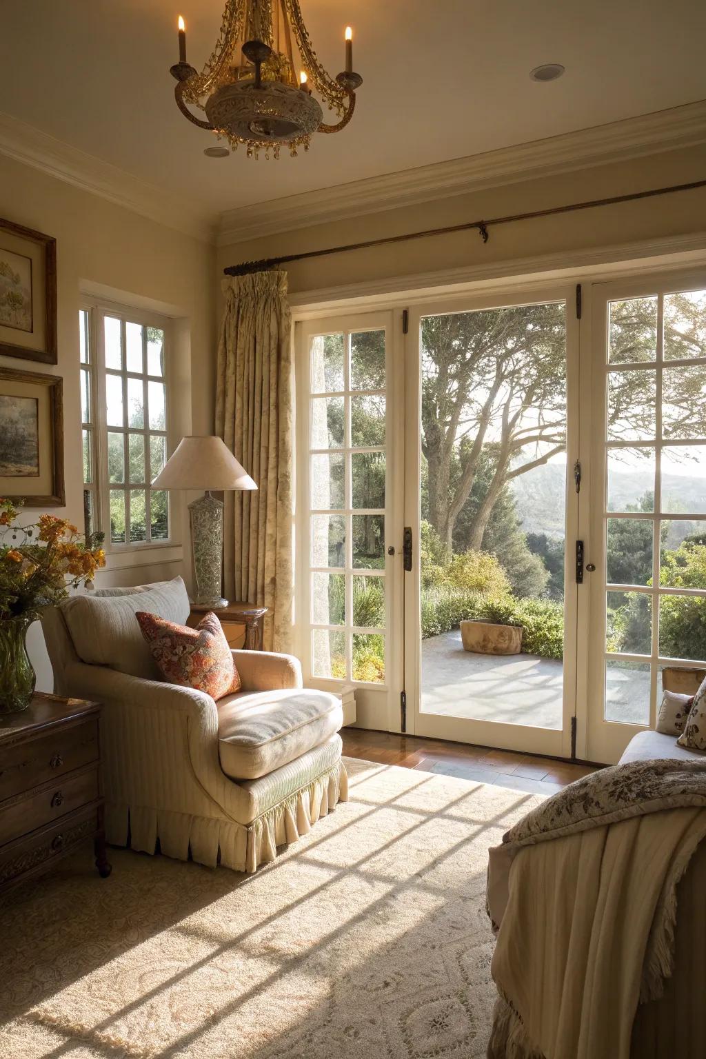 Sunlight streaming in through French doors brightens any space.