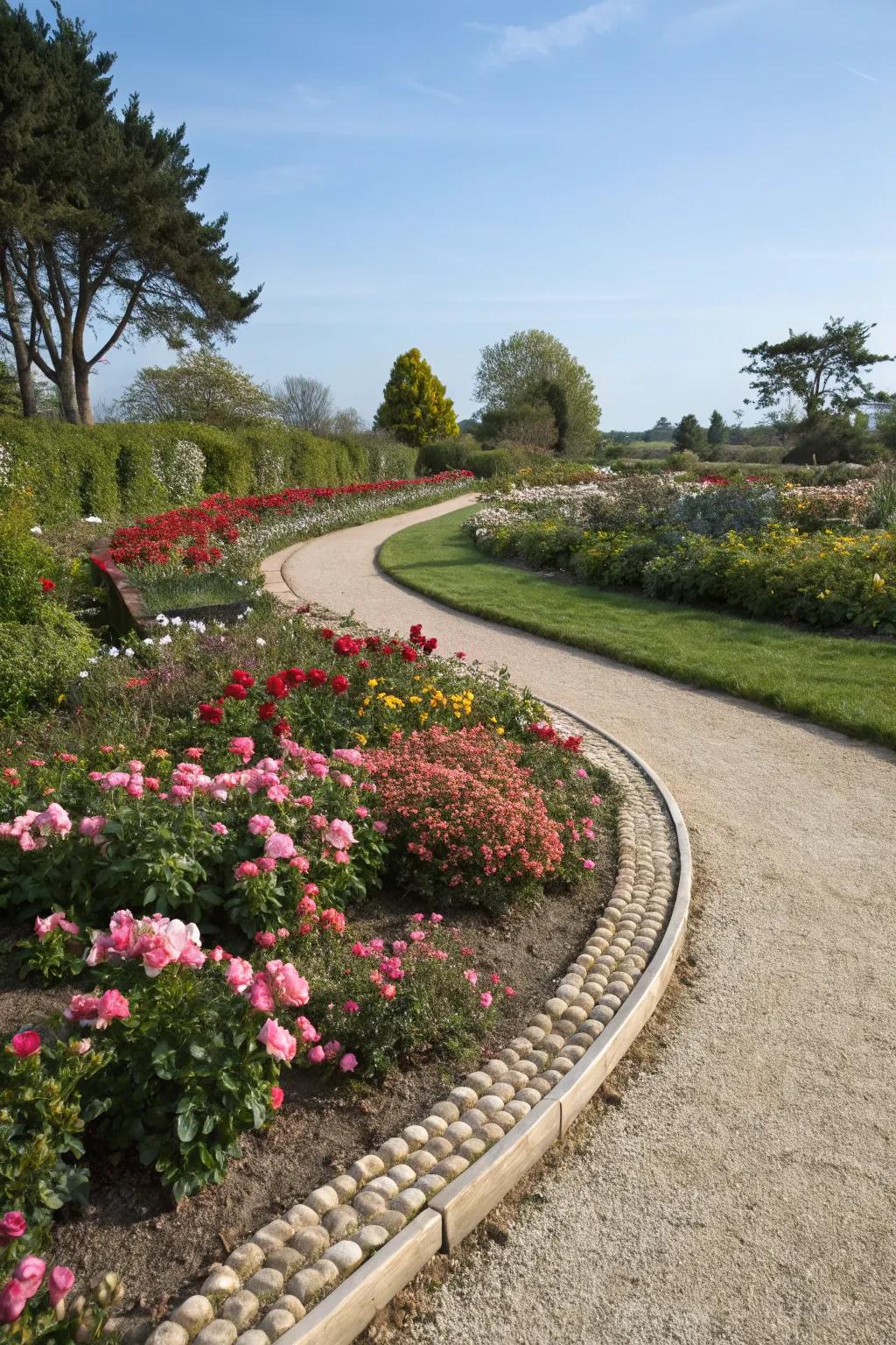 A graceful curved pathway with integrated French drains, surrounded by lush flower beds.