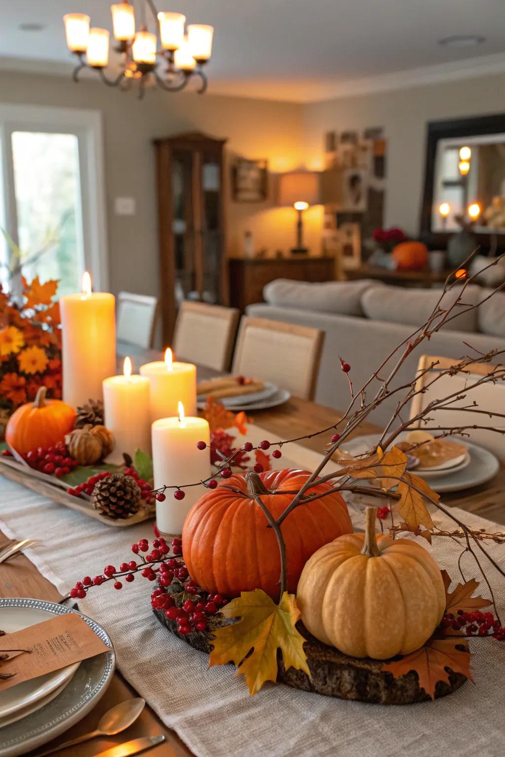 A snug Friendsgiving tablescape enhanced with gourds and lights.