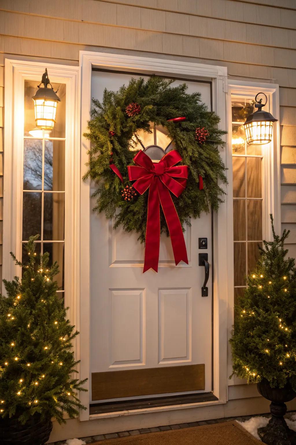 A timeless evergreen circle with a festive red bow.