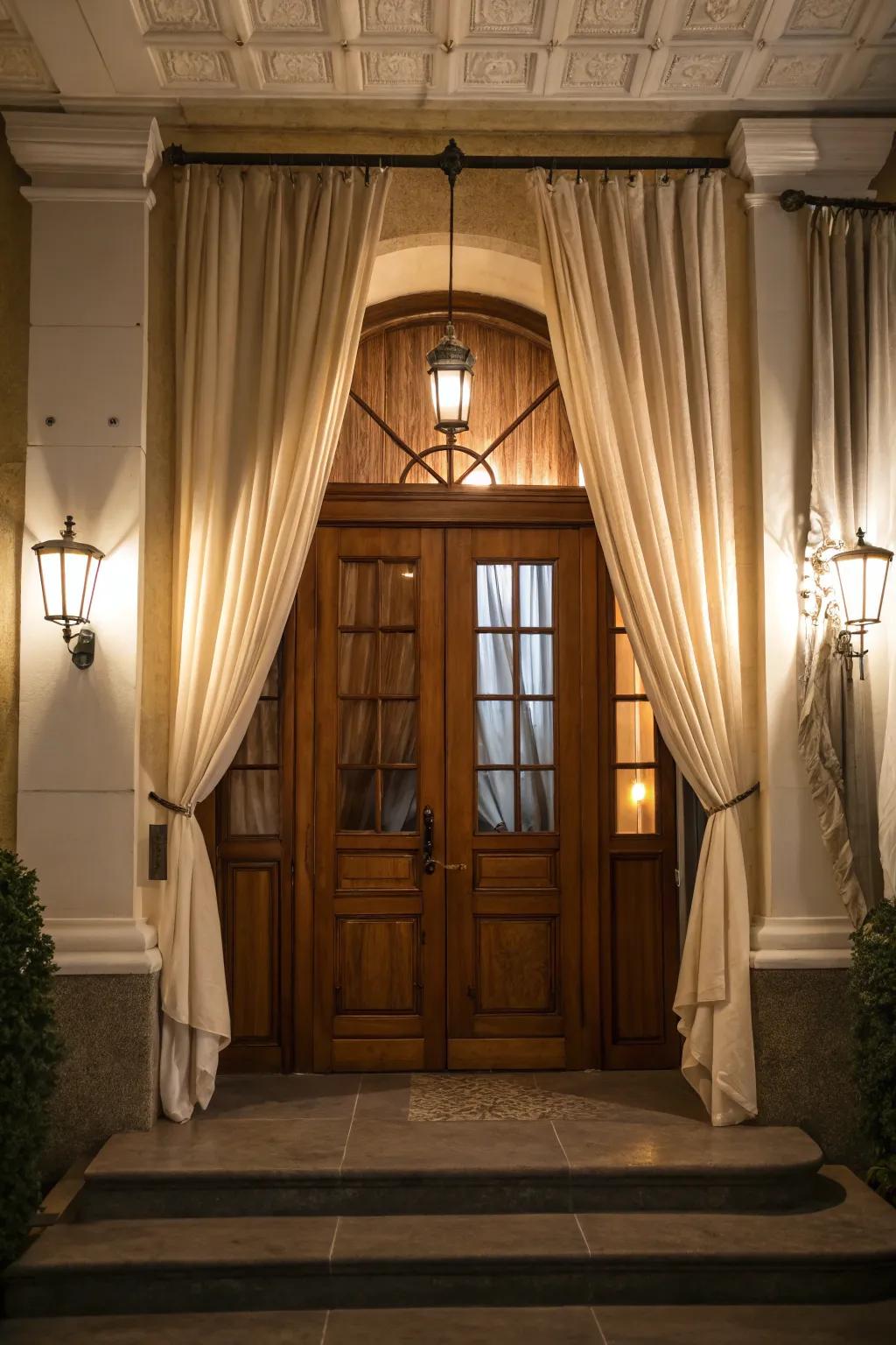 A traditional wooden door adorned with gracefully flowing curtains.