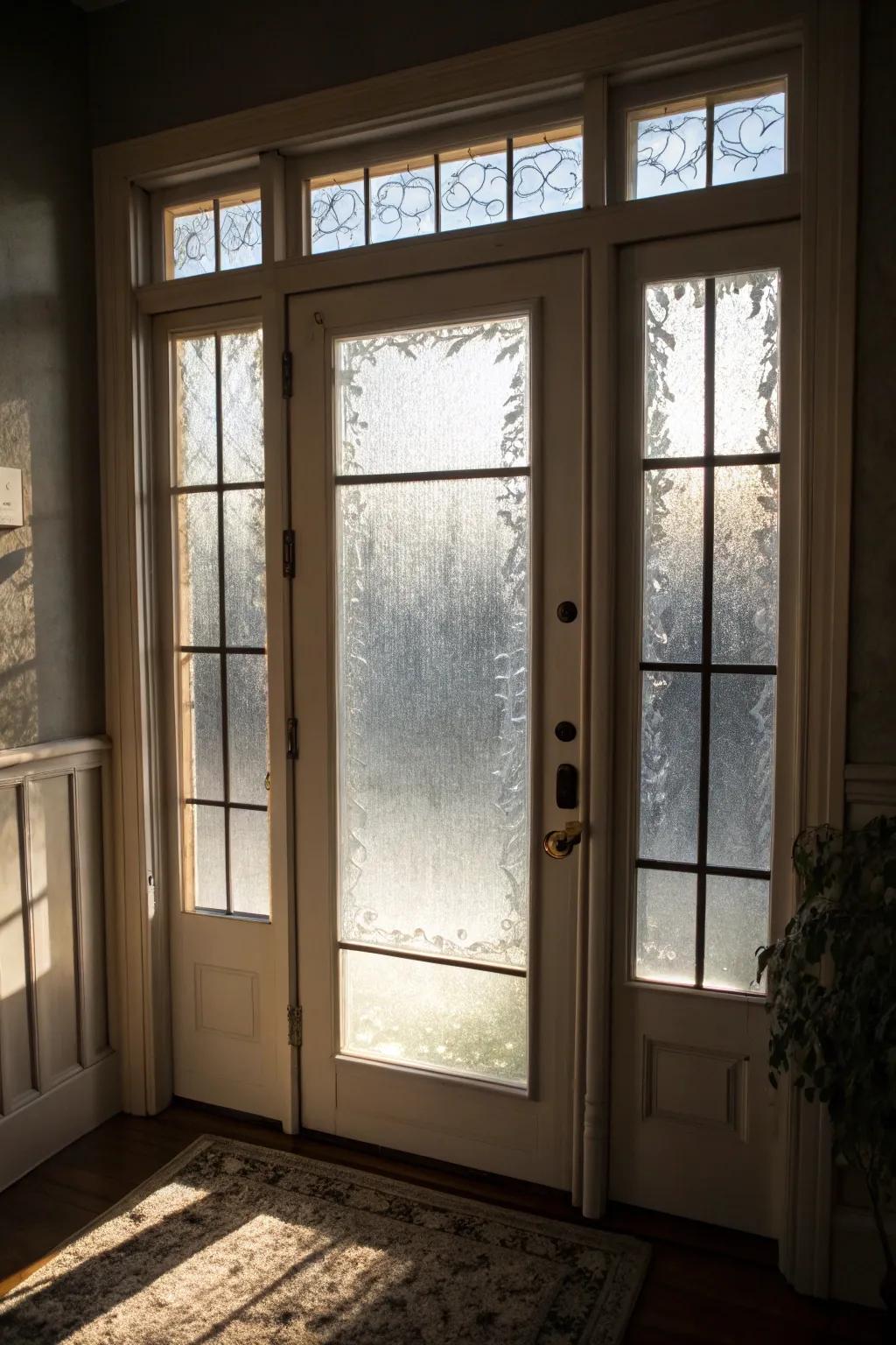 A doorway showcasing frosted glass panels to ensure privacy.