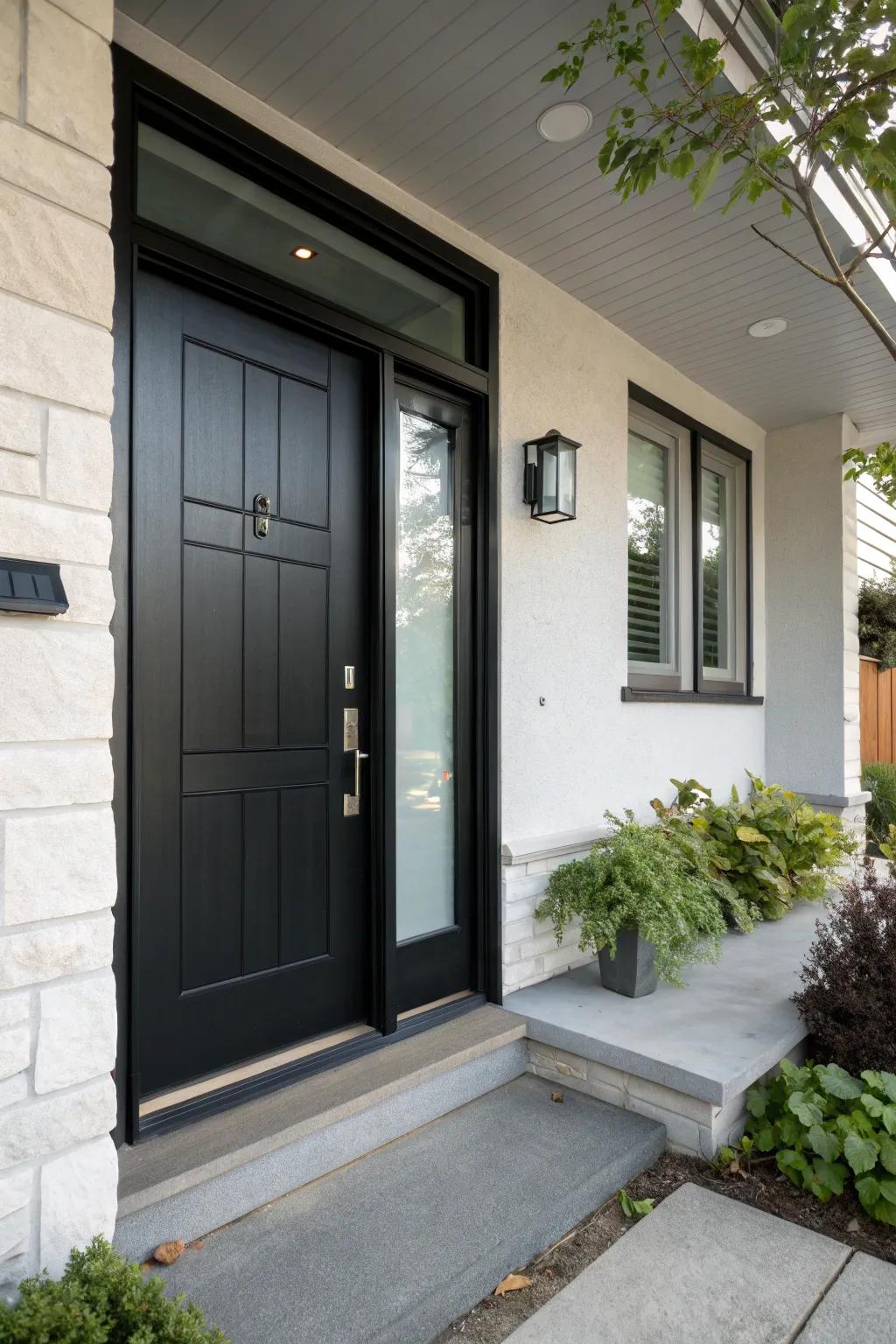 A sleek black door with a frosted glass sidelight for privacy and light.