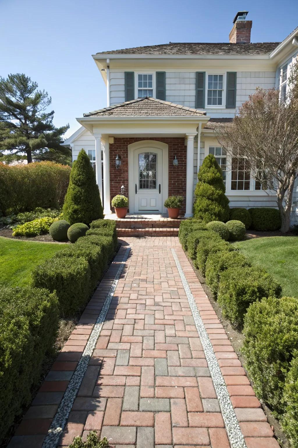 Alluring brick pavers create an inviting pathway for a welcoming arrival.