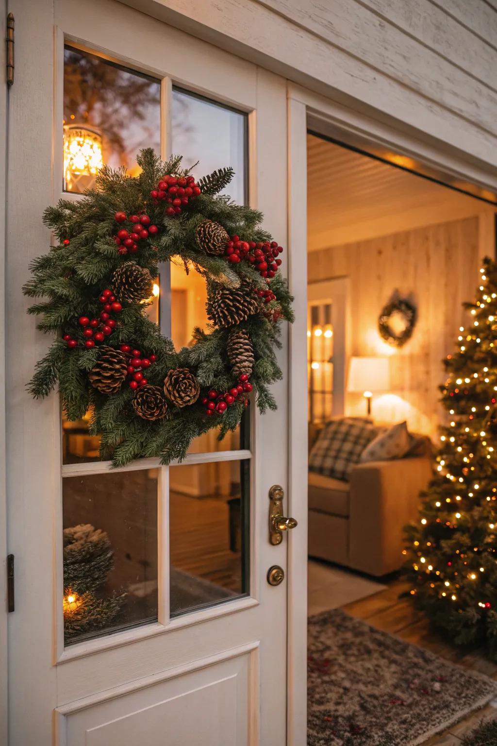 A joyous evergreen imbues your front entrance with holiday exuberance.