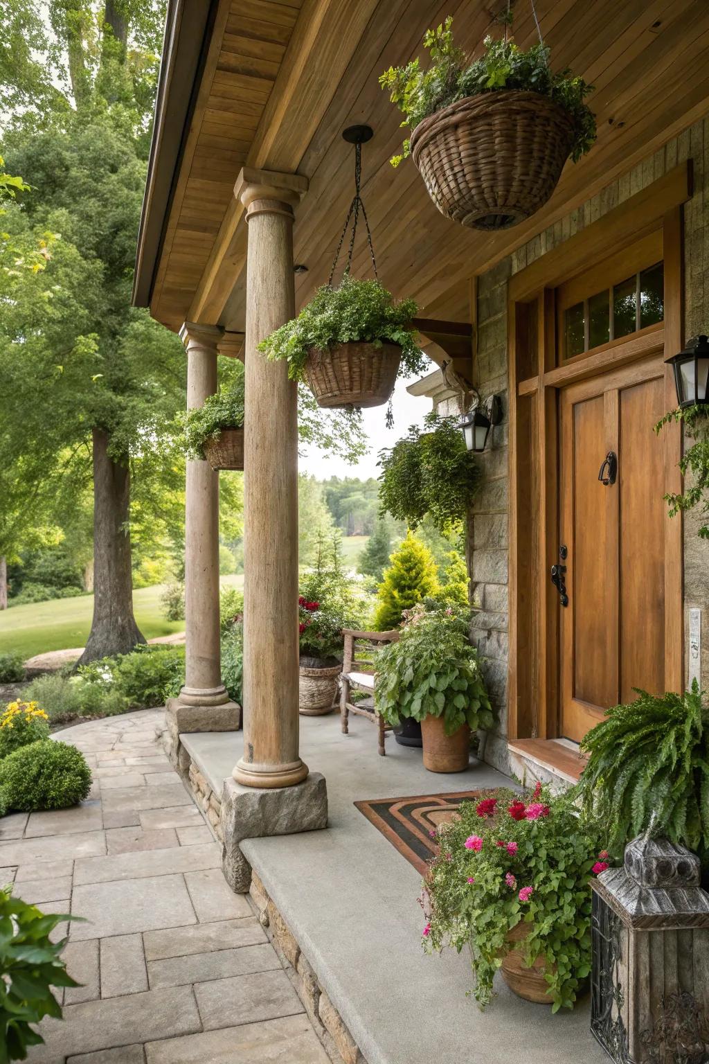 The use of natural wood in columns introduces a cozy and inviting atmosphere to your porch.