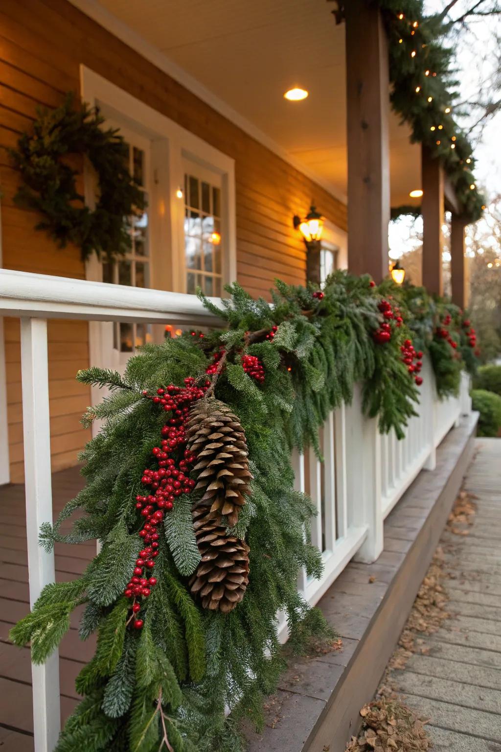 A classic evergreen garland brings an enduring charm to your porch.