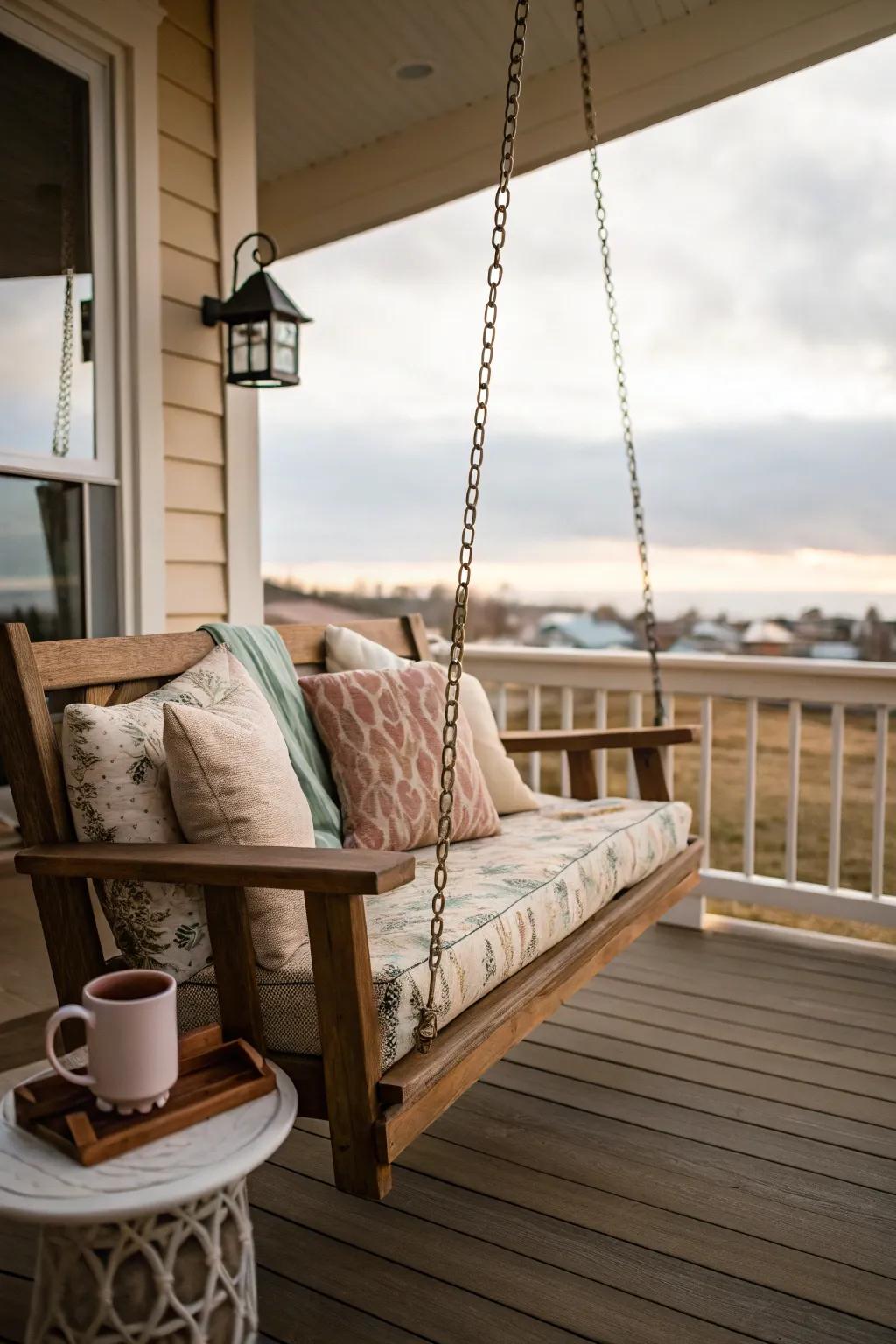 A charming front porch showcasing a timber swing decorated with pillows.