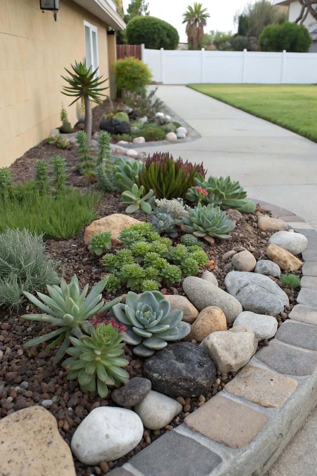A serene miniature rock garden nestled perfectly in a front yard corner.