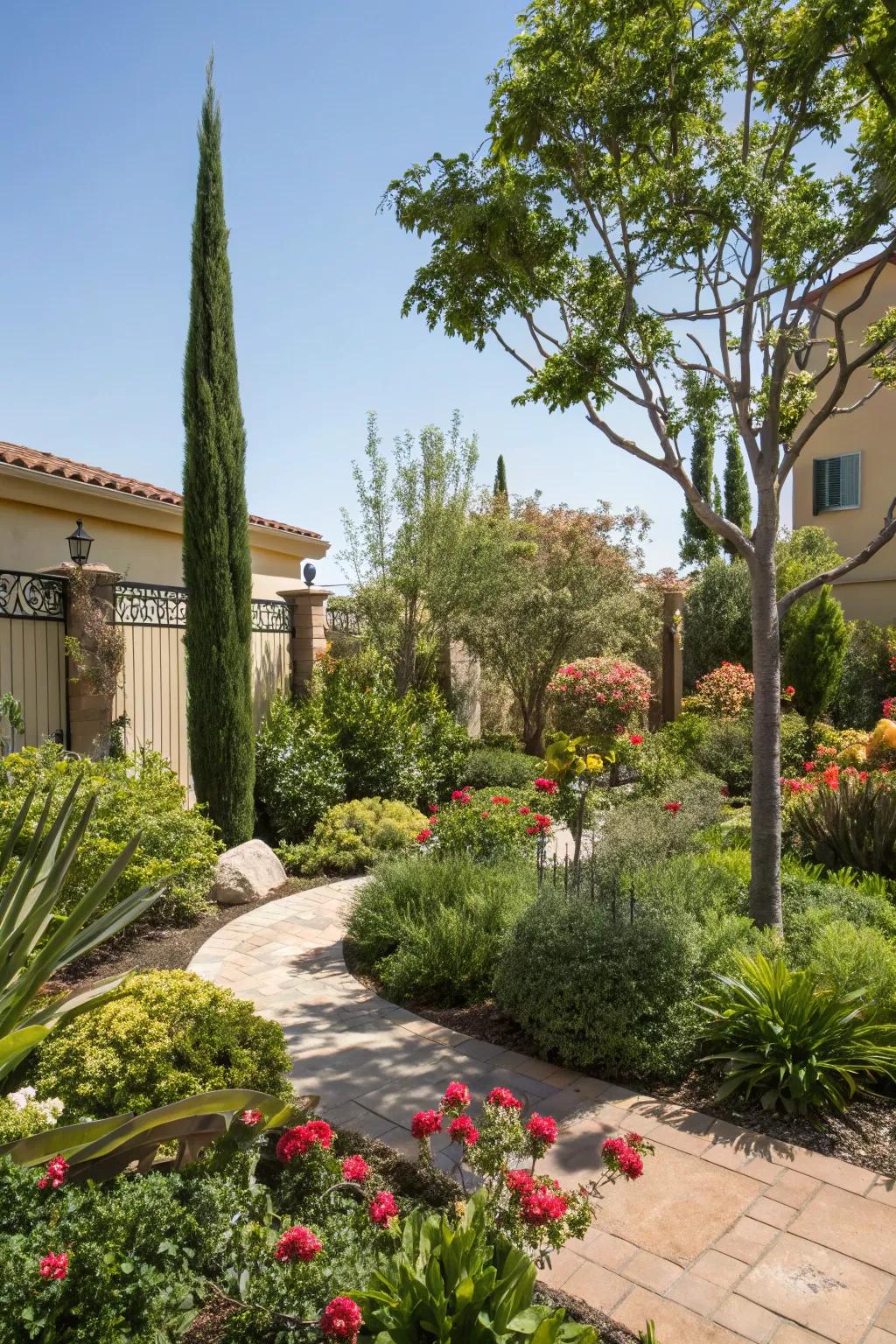 A green sanctuary in the front yard with a variety of plants creating a peaceful atmosphere.