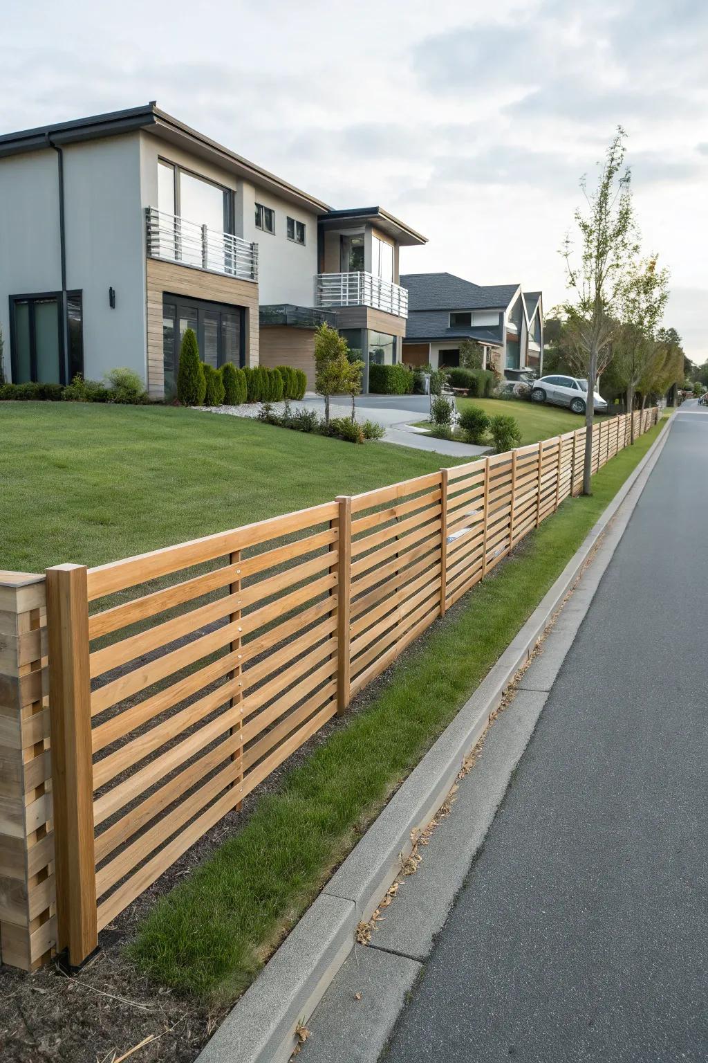 A stylish horizontal slat fence defines a contemporary driveway, introducing a hint of modern sophistication.