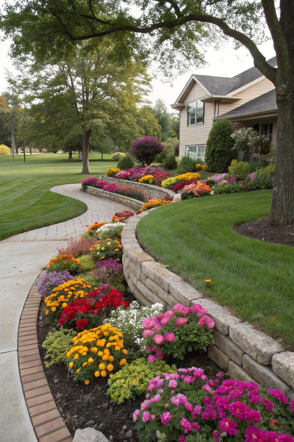 Curved flower beds bring a natural, flowing aesthetic to this bright front yard.