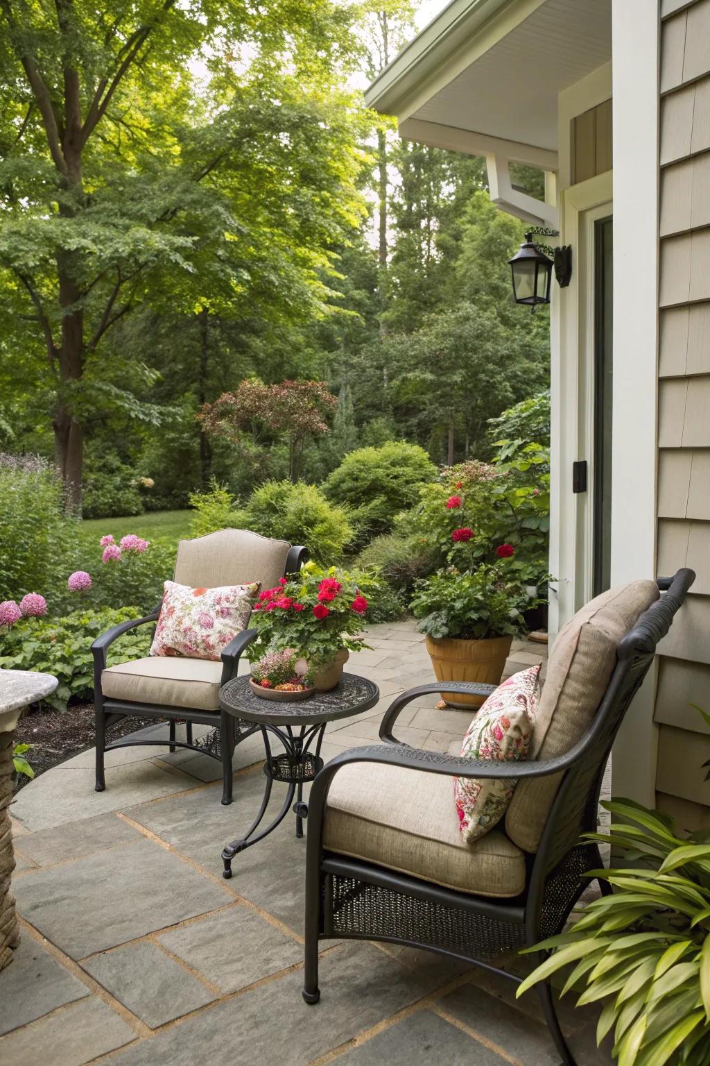Design a cozy corner on your front patio for enjoying morning coffee.