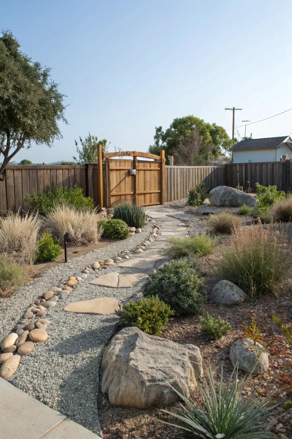 Gravel walkways lend a countryside feel while saving water.