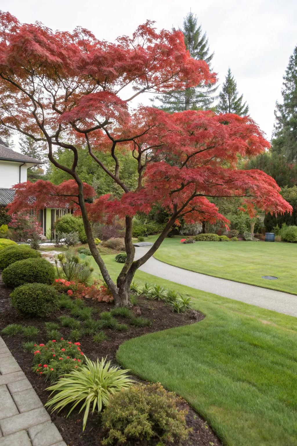 As the main point of interest, a Japanese maple tree truly dominates this front yard.