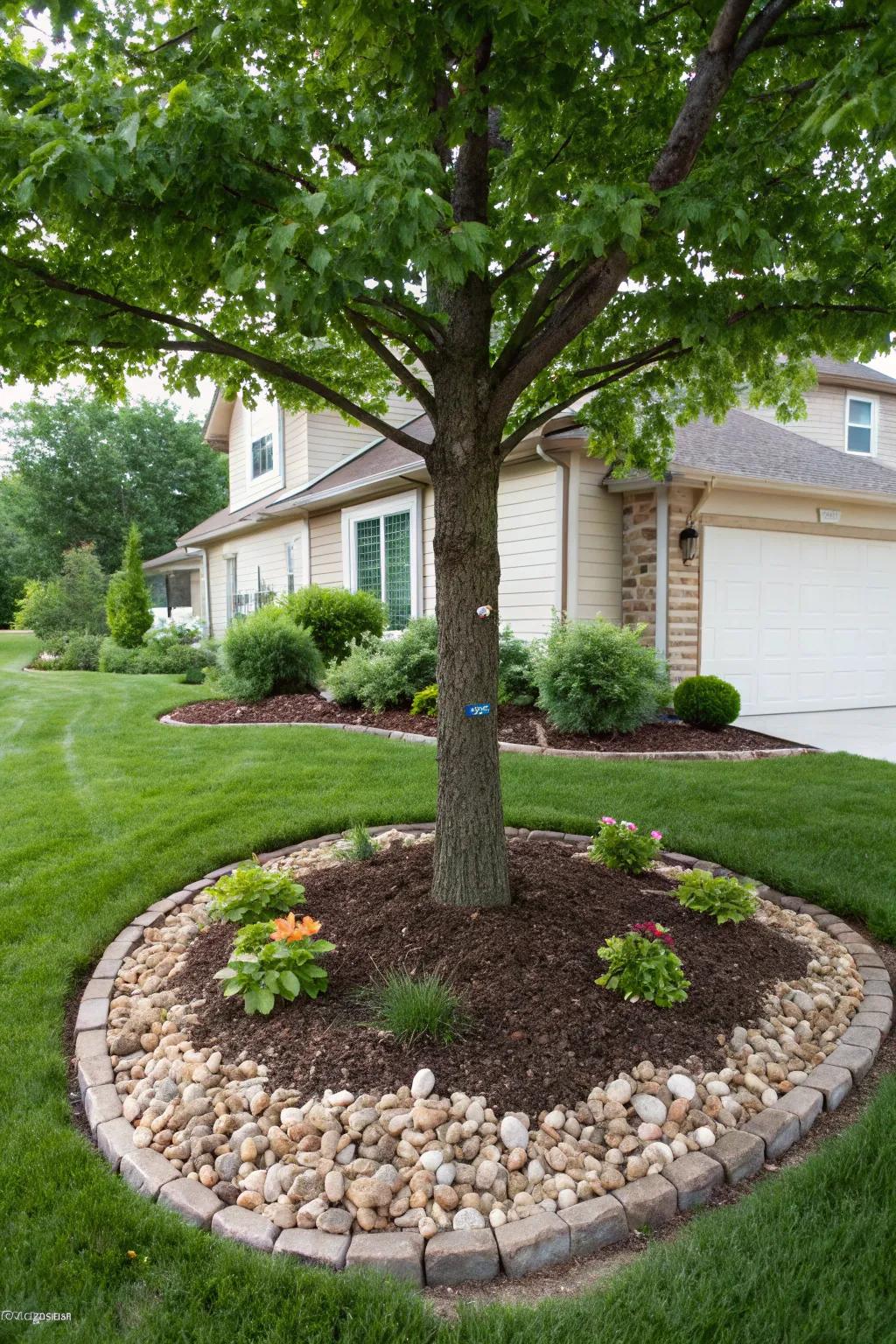 The utilization of mulch and pebbles establishes a captivating contrast around the roots of trees.
