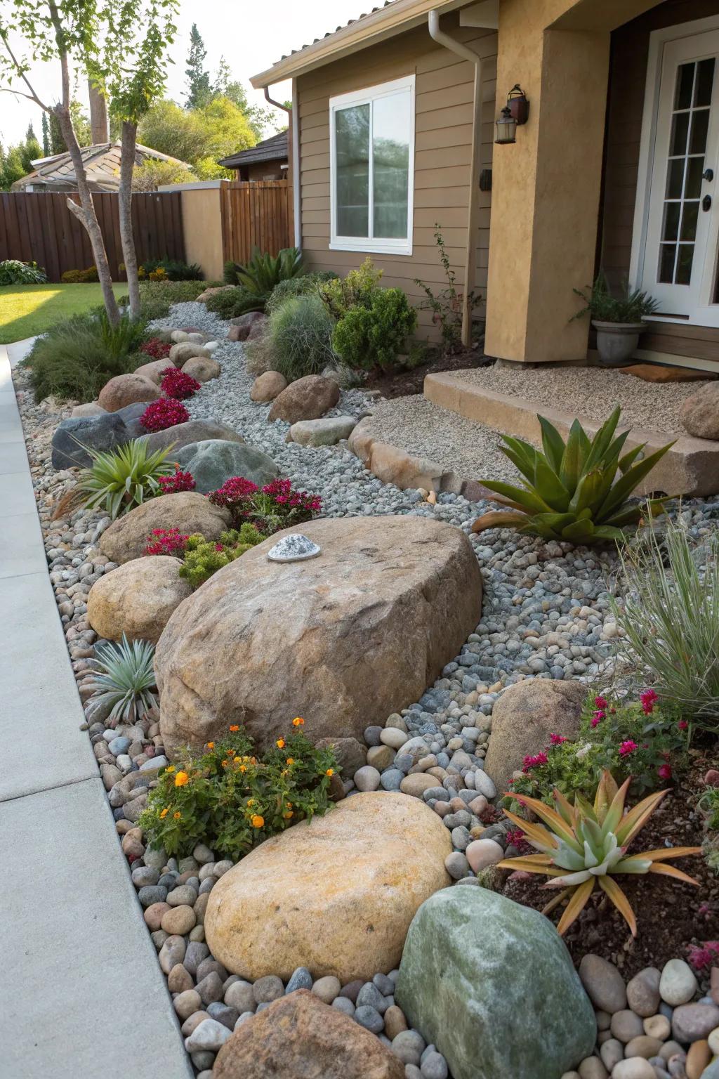 A serene stone arrangement graces the front of the home.