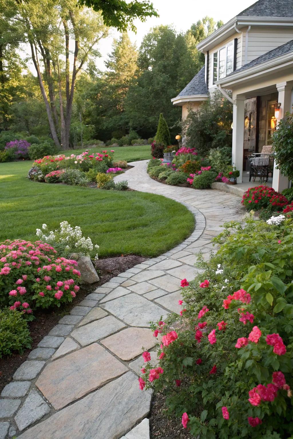 A captivating stone pathway meanders through a vibrant front yard garden.