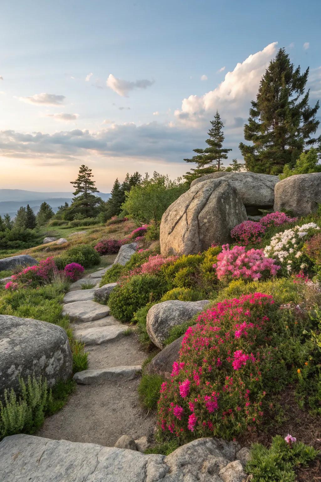 A front yard rock garden harmoniously blends boulders with blossoms.
