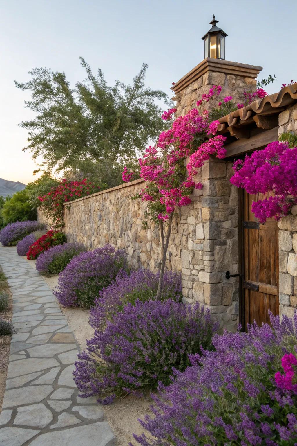 Bright lavender and bougainvillea enrich this Mediterranean setting with vibrant hues.