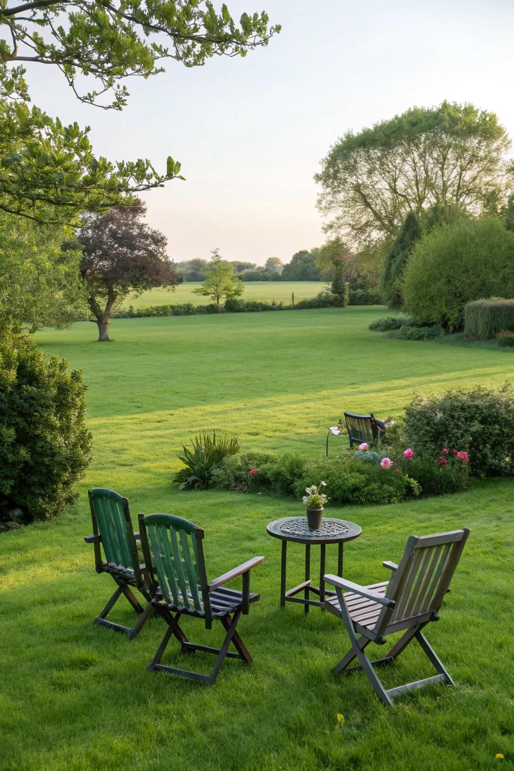 A lush green lawn invites you to unwind in your front yard.