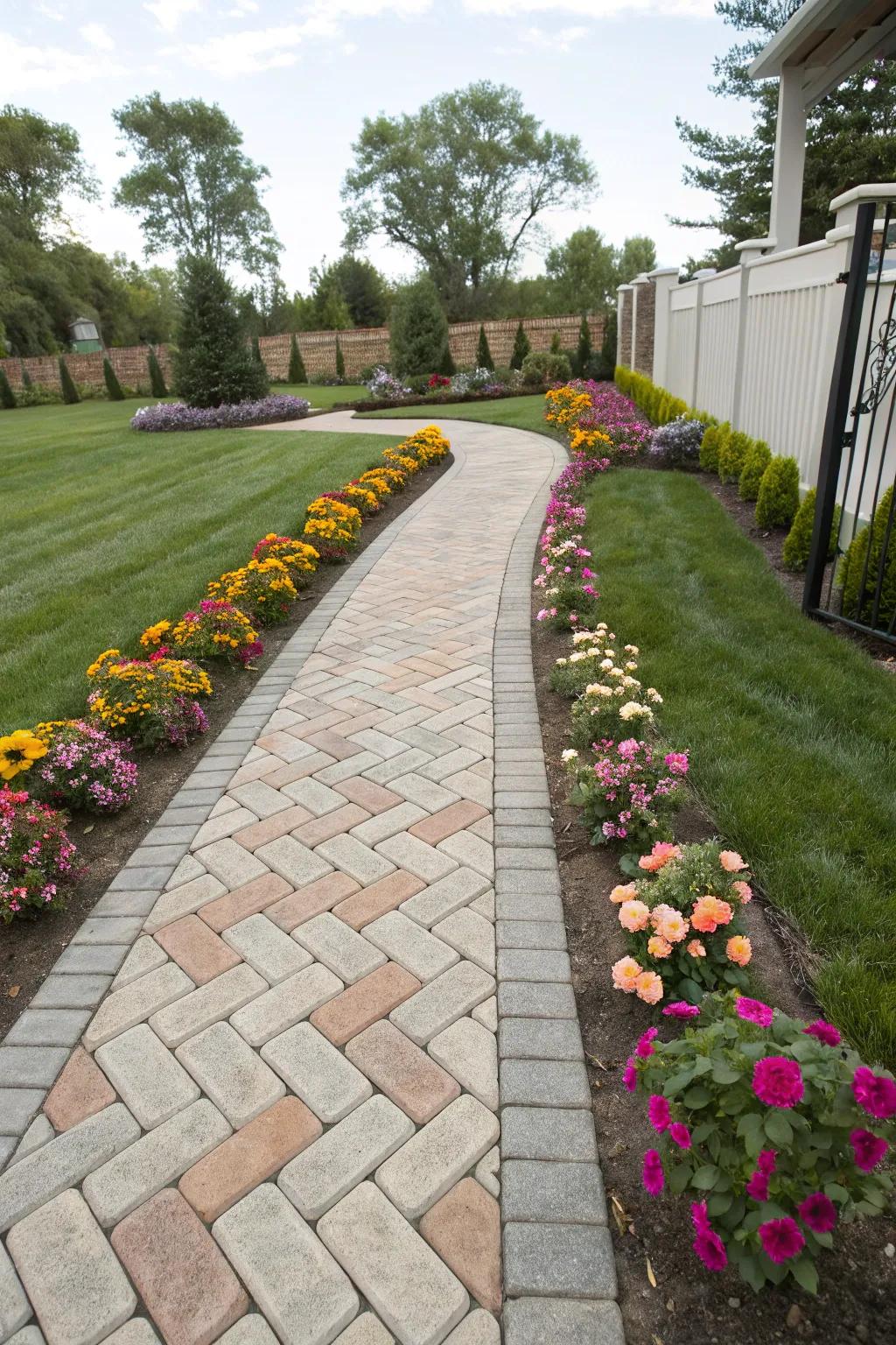 Herringbone stone block pathways offer timeless elegance.
