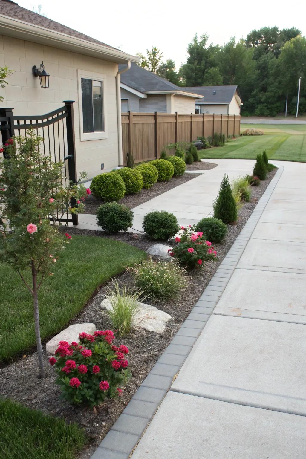 Understated plant arrangements enhancing a ranch-style front yard