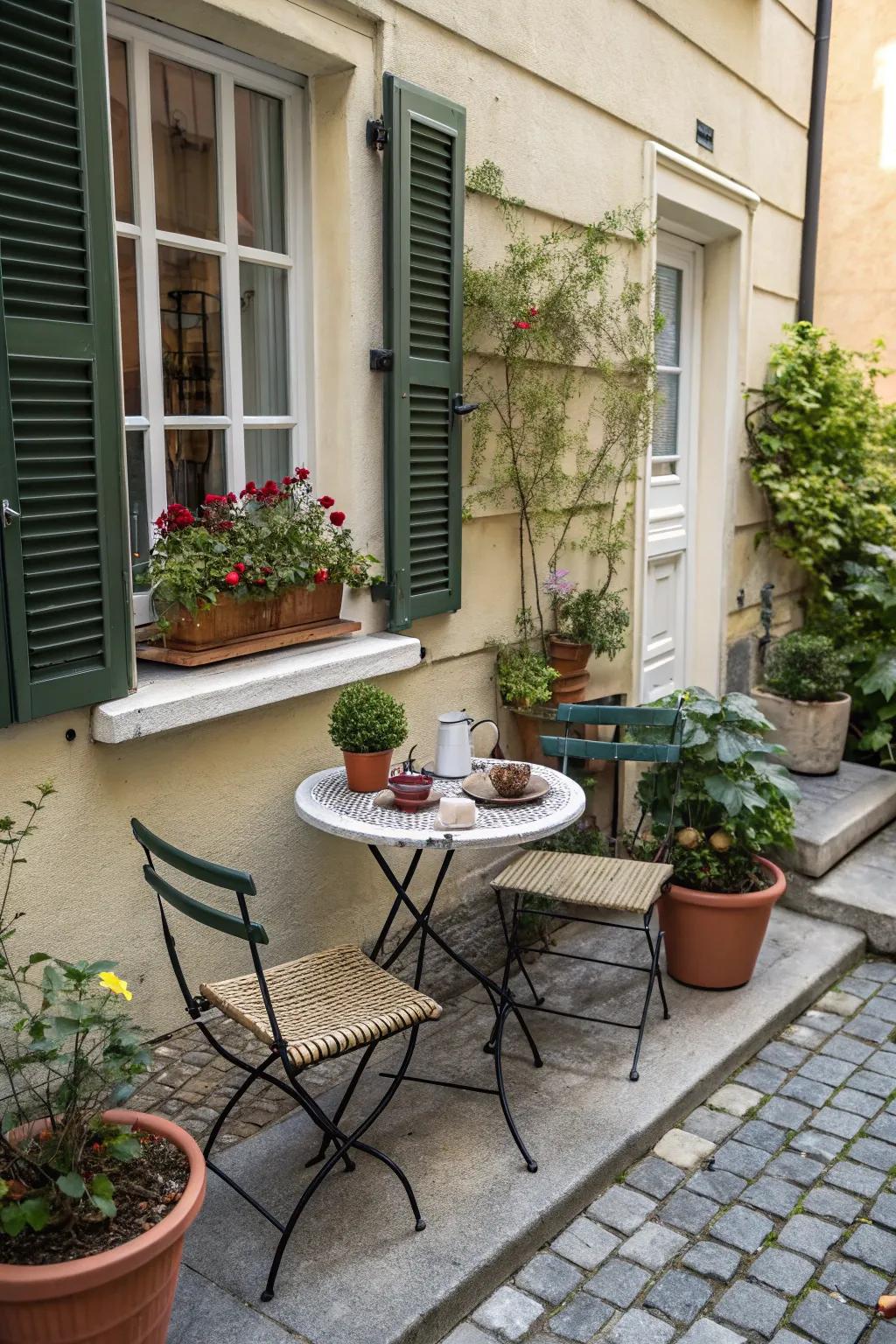 Design a delightful bistro corner for personal moments in your front yard.