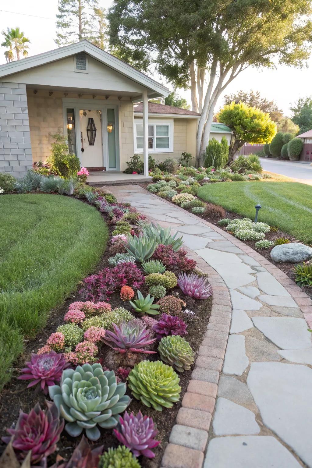 A pathway adorned with succulents offers a gracious welcome.