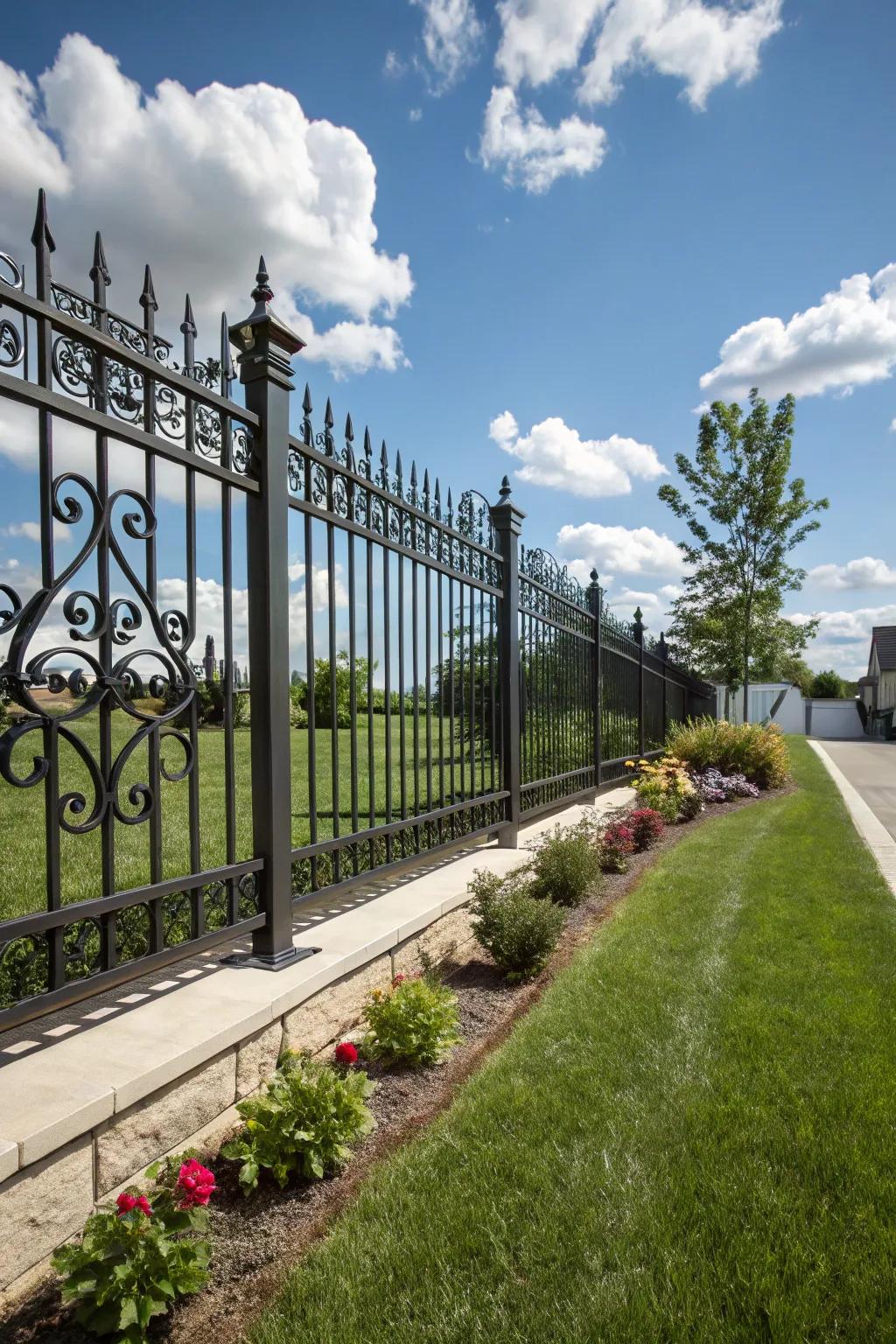 A classic metallic barrier with intricate scrollwork under a clear blue sky.
