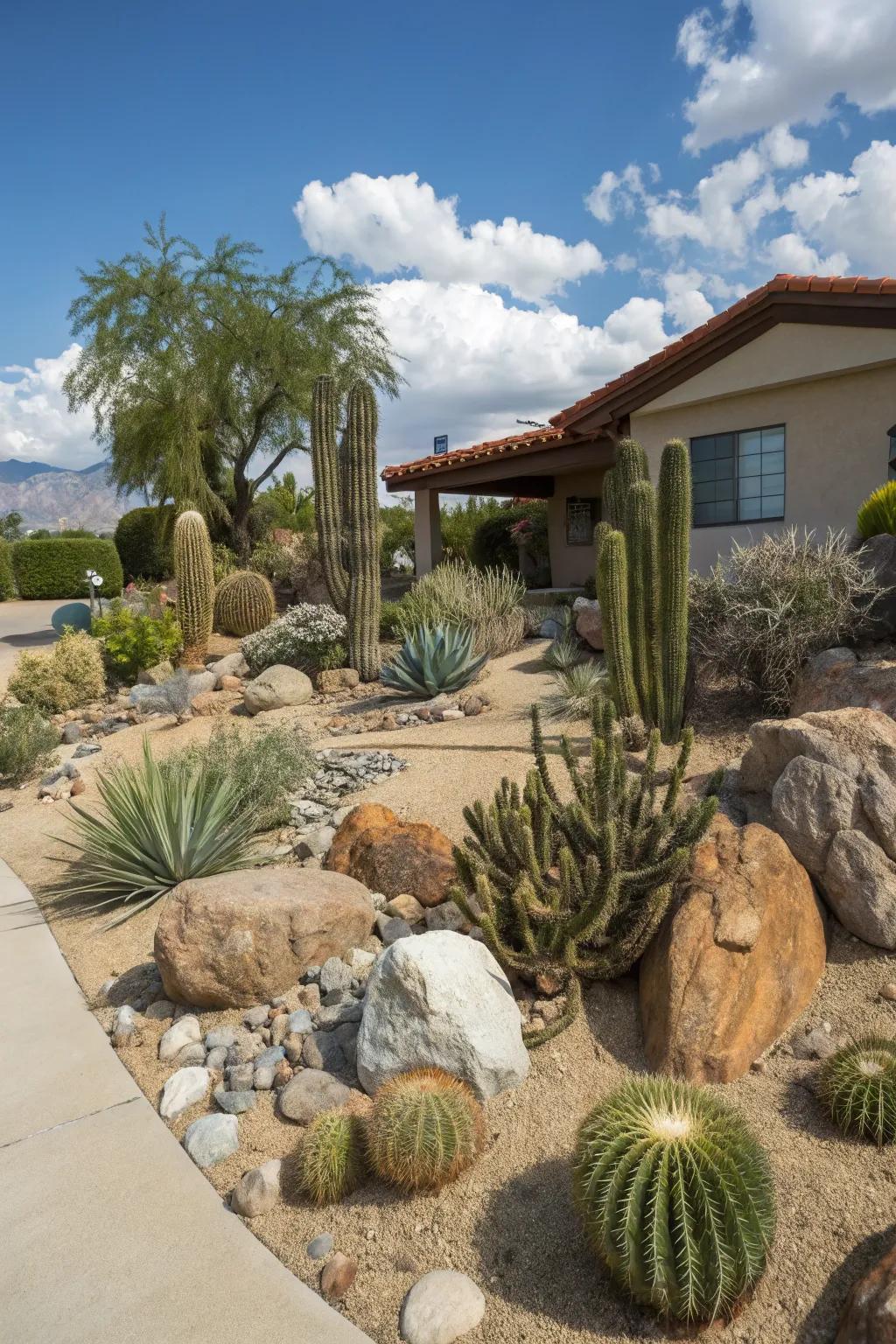 A xeriscape front yard inspired by the desert, showcasing cacti and succulents as key elements.