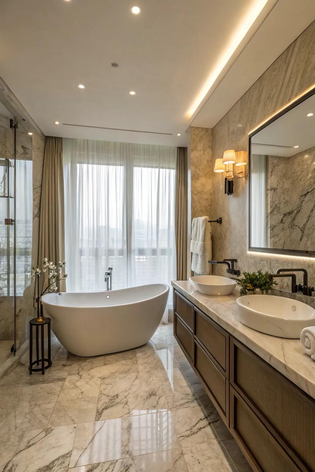In this stylish bathroom, a stand-alone tub serves as the elegant centerpiece.