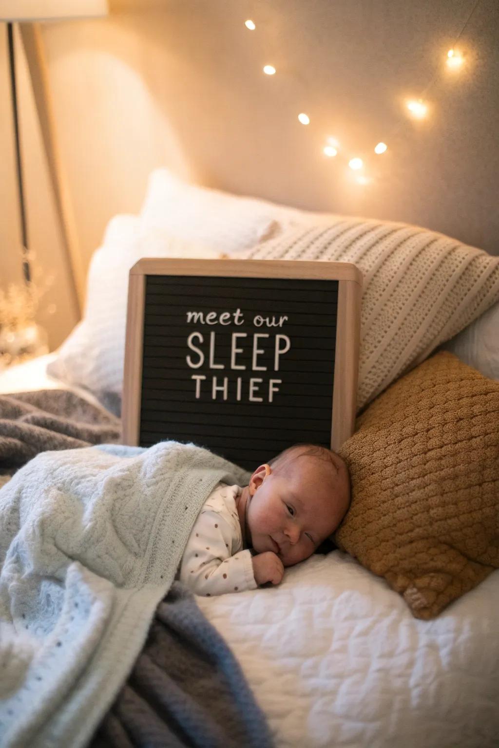 Underlining the cute irony of sleepless nights with a hilarious message board.