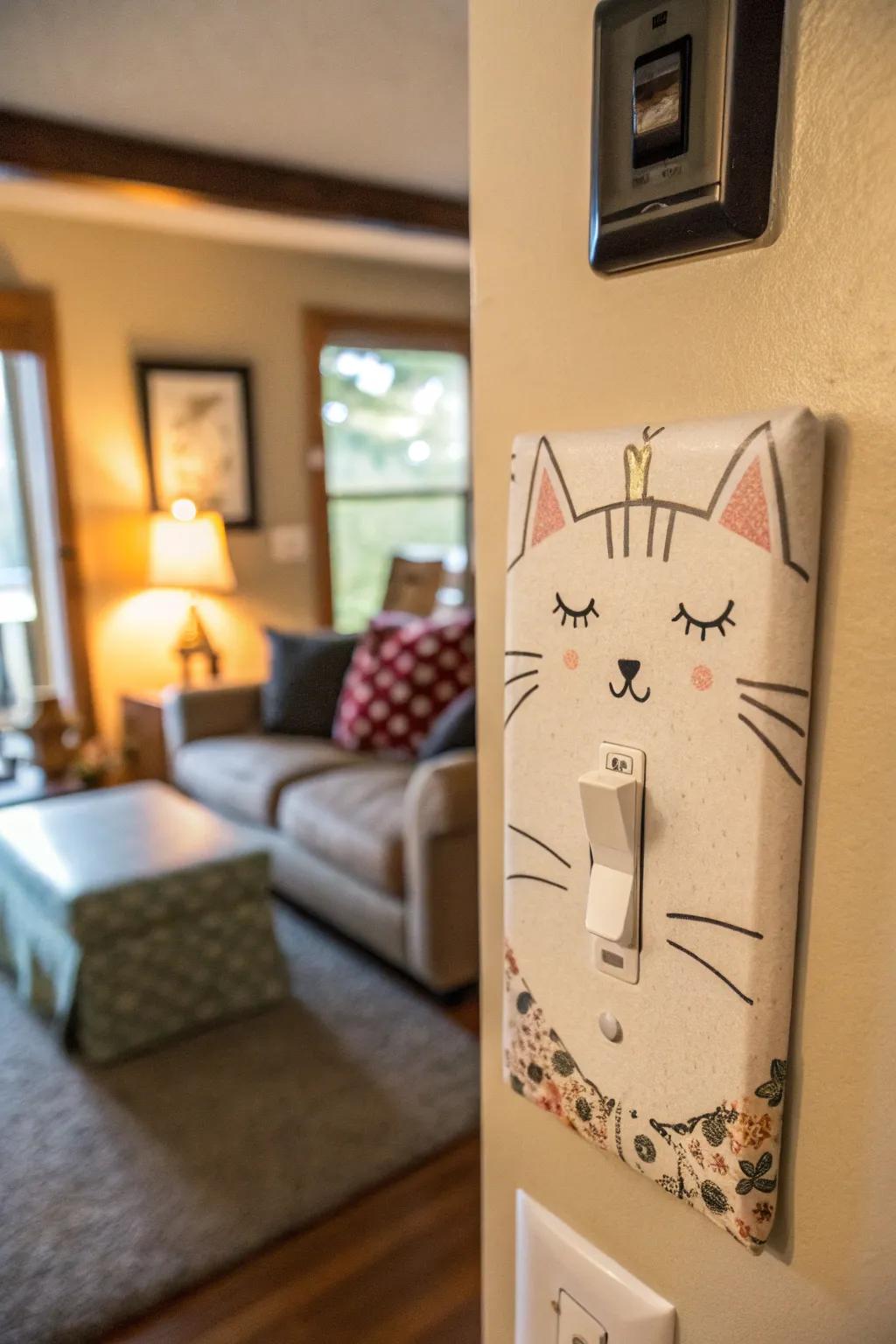 A feline-themed light switch plate introduces a playful element to any living space.