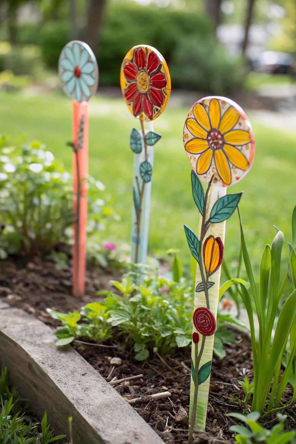 Floral fused glass accents infusing sunshine into the garden.