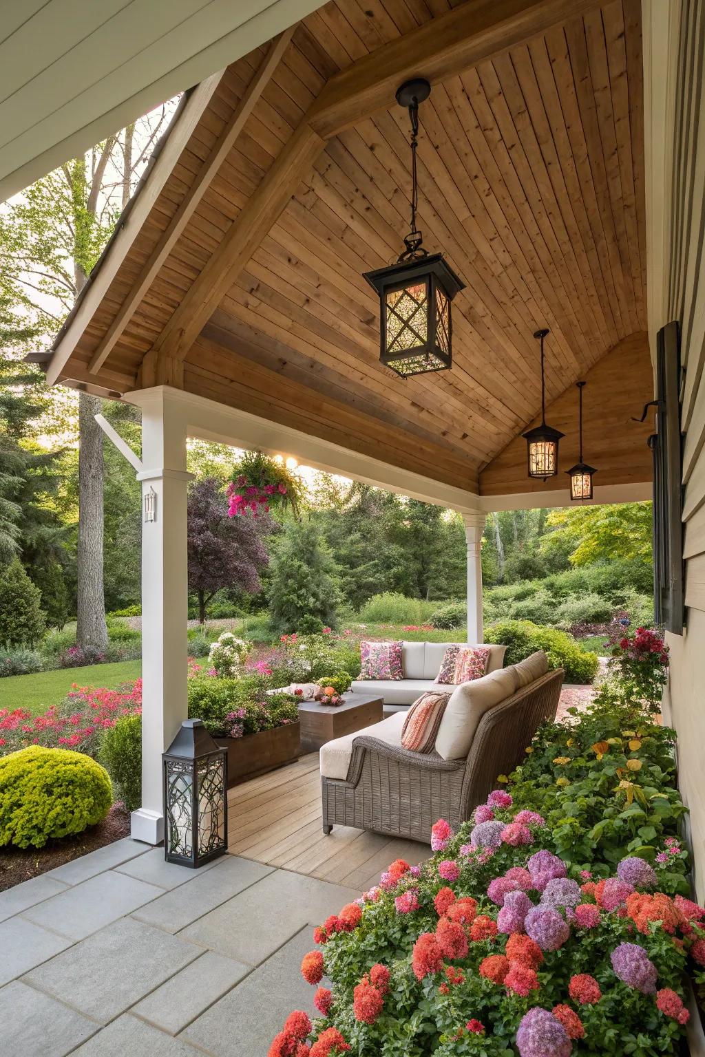 A timber gable roof porch radiates enduring beauty and coziness.