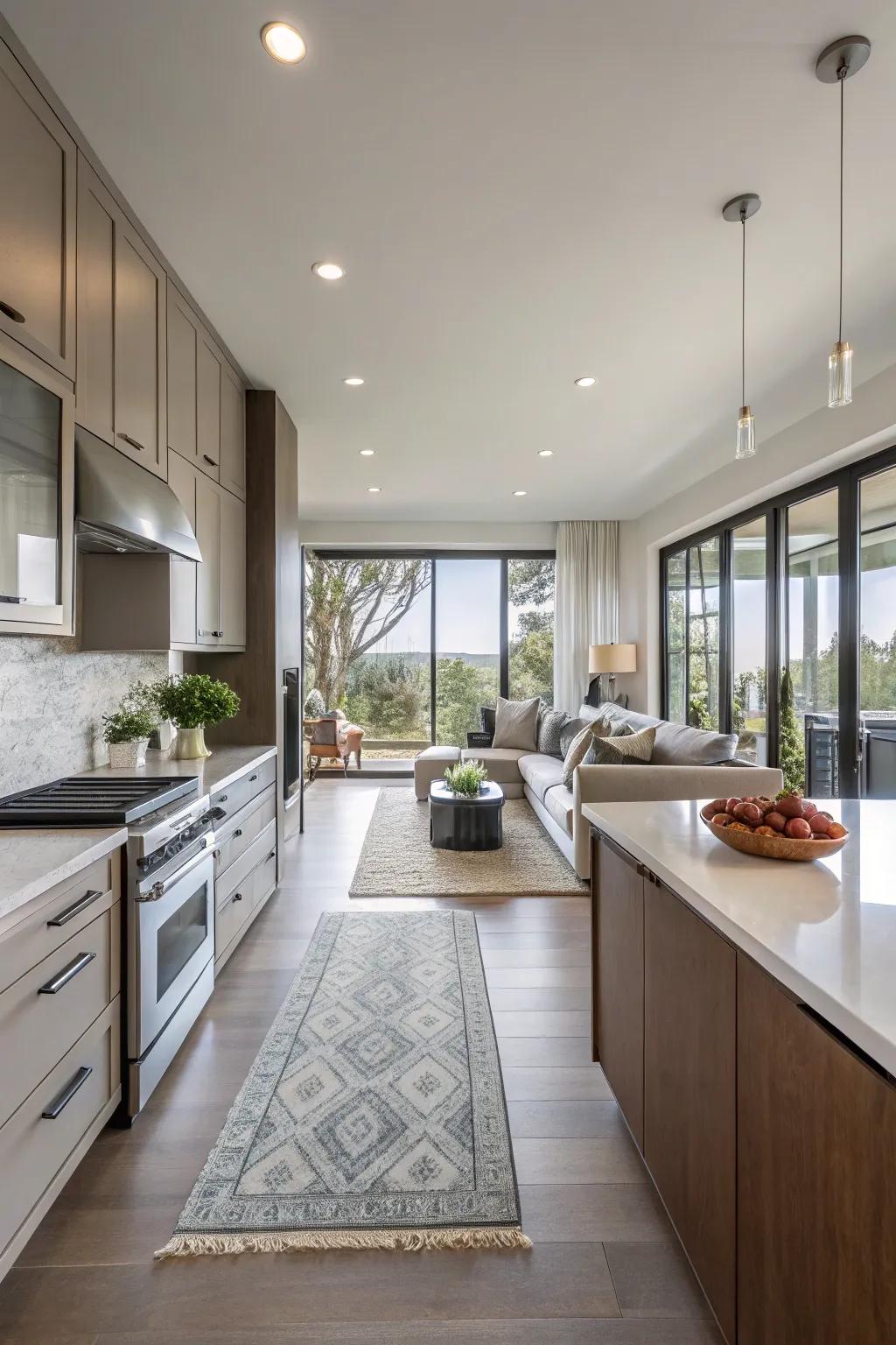 With no walls, the view from the cooking area to the lounging space is totally unobstructed.