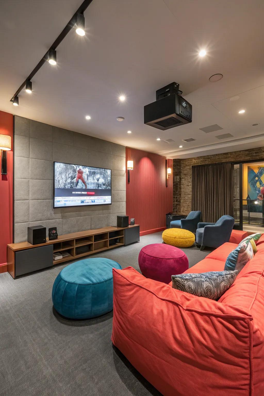 A game room built around a large screen for the ultimate entertainment experience.