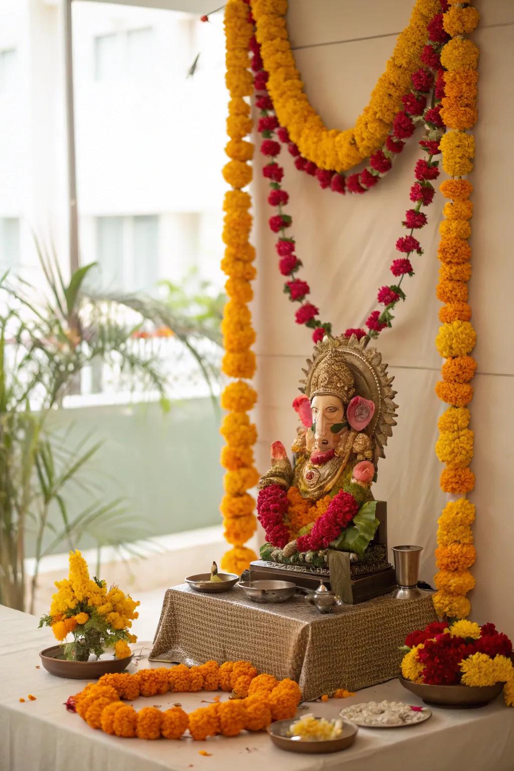 A floral paradise for Ganpati featuring sunny blooms and roses.