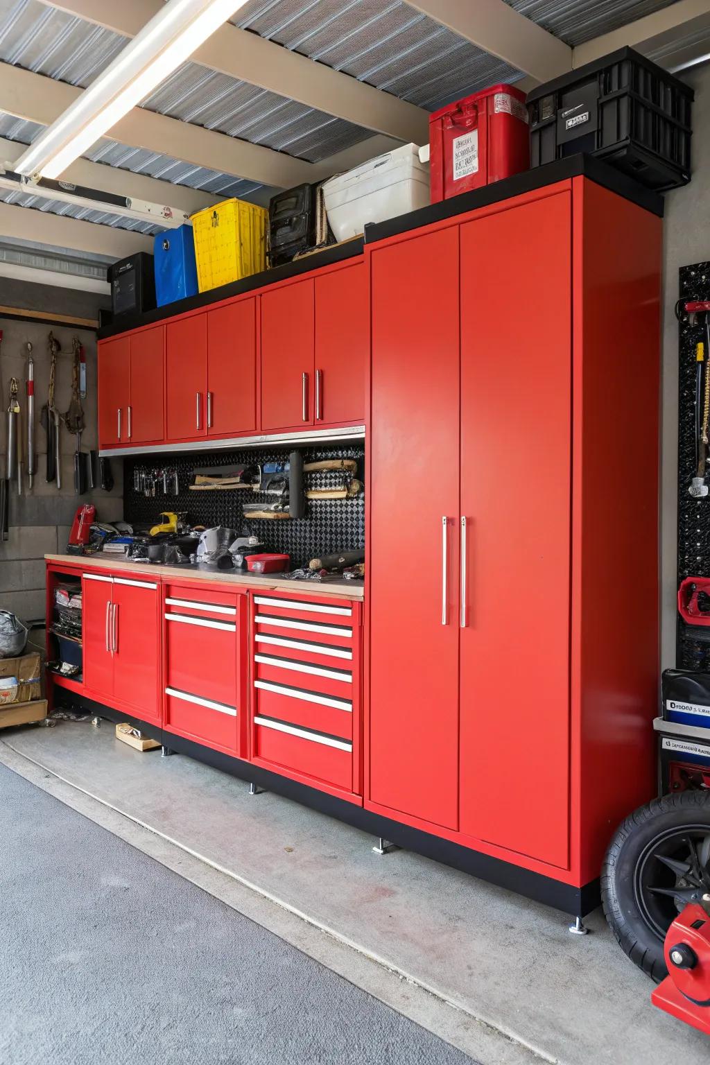 Bright scarlet cabinets create a striking statement in this lively garage.