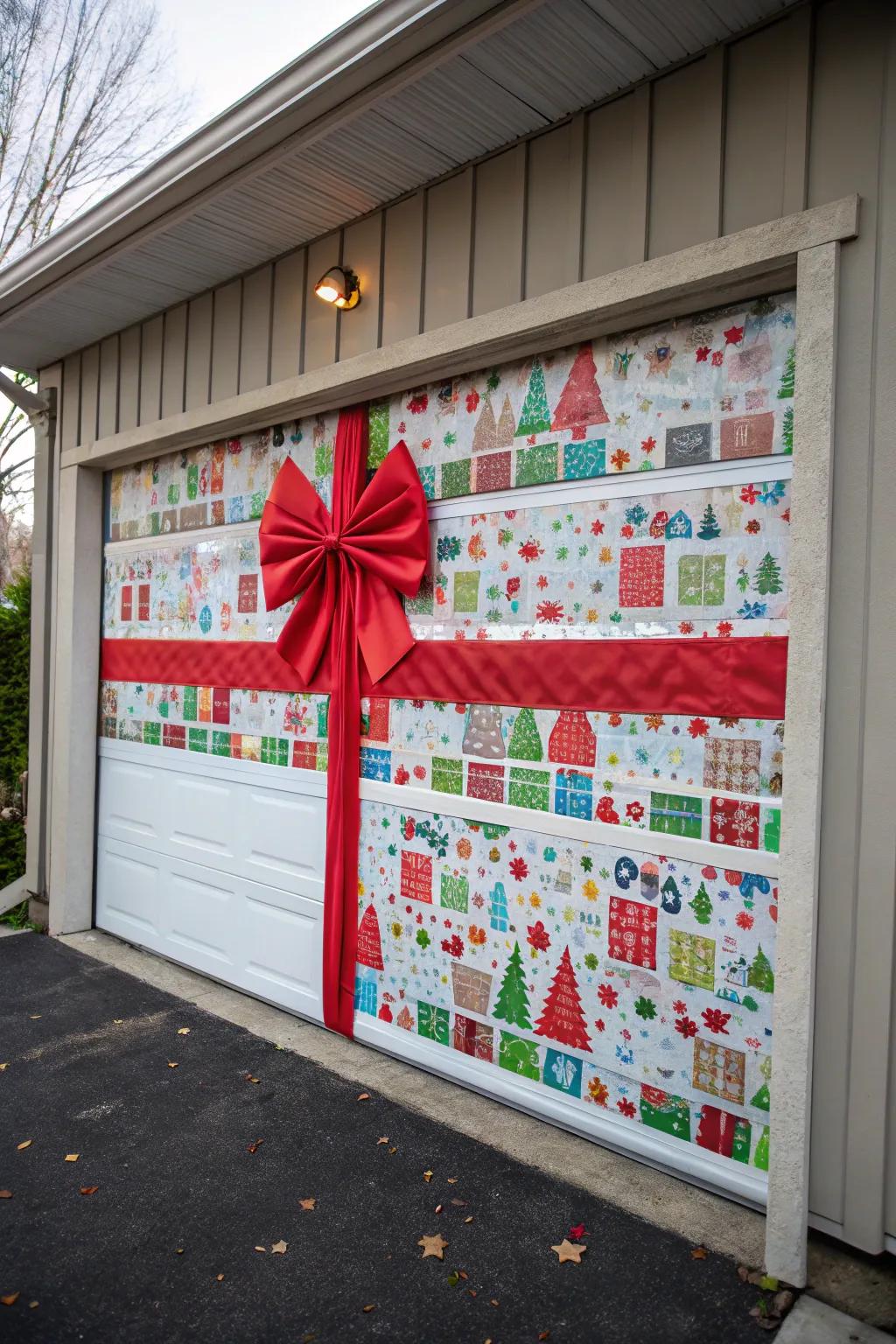 Garage door adorned as a gigantic Christmas present with a vibrant red bow.