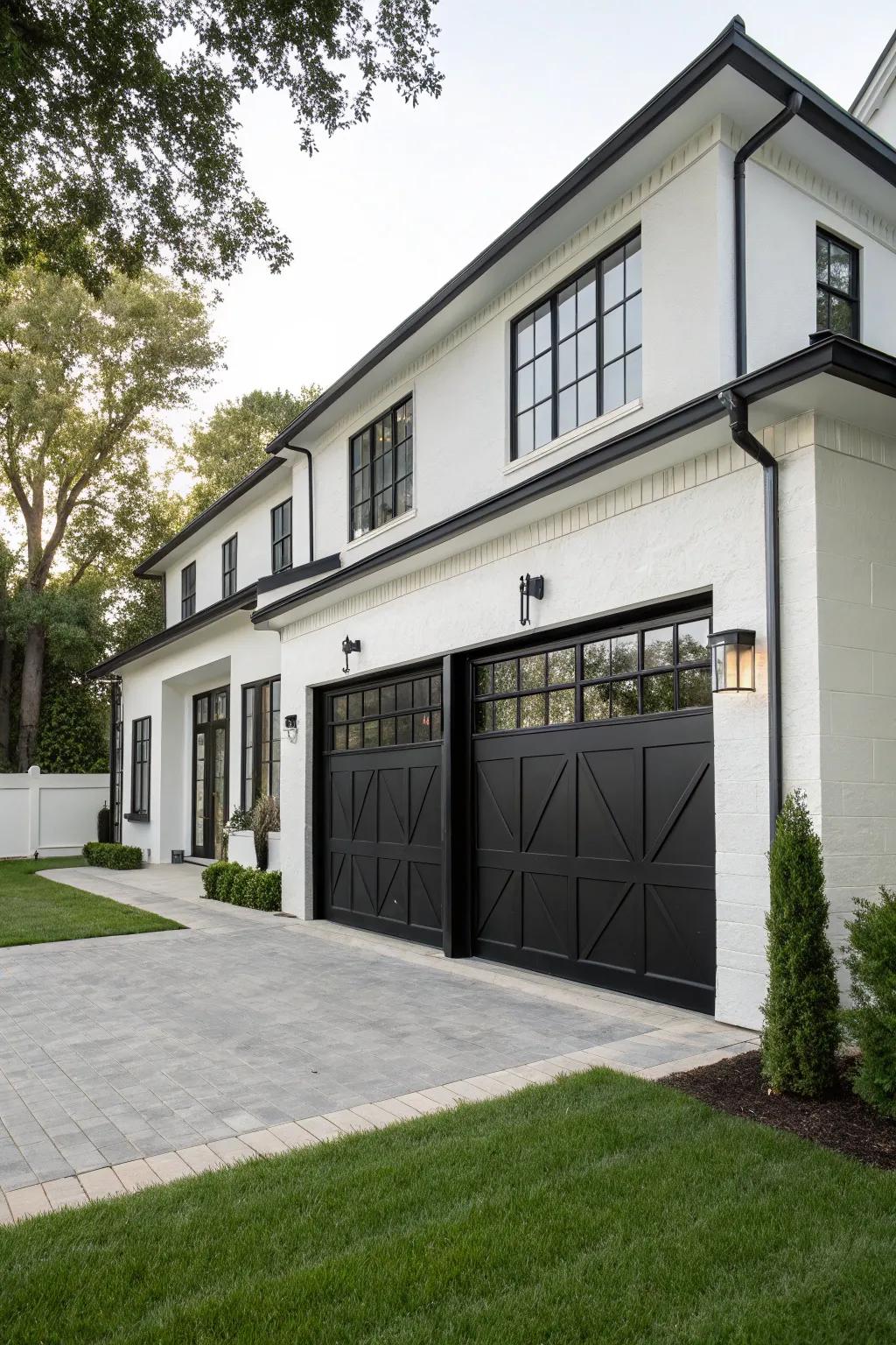 Classic black garage entrances provide a timeless and sophisticated aesthetic.