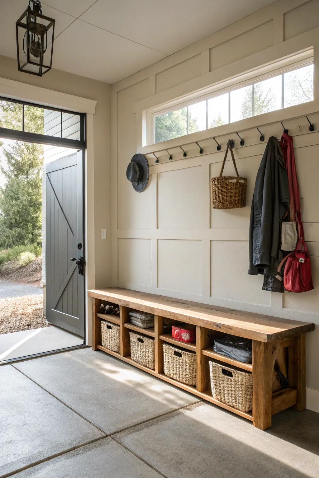 A practical bench with storage transforms your entryway into an organized space.